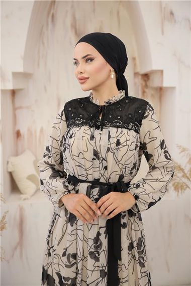 Long Chiffon Dress with Neck and Waist Tie - Patterned - Beige - Available in Sizes 38-46 - photo 3