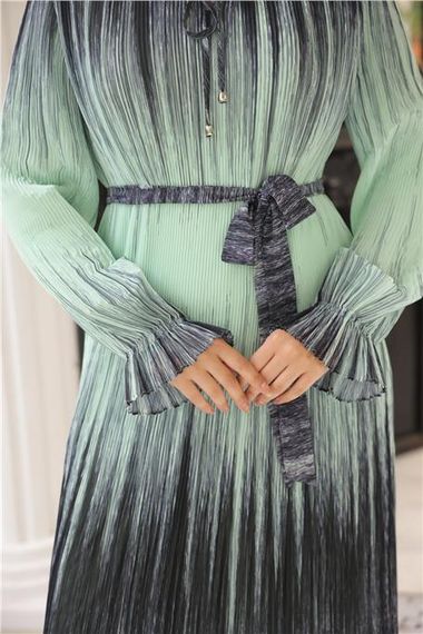 Pleated Waist Tie Long Striped Pattern Chiffon Dress in Sage Green Available in Sizes 38-44 - photo 4