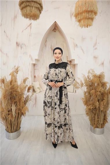 Long Chiffon Dress with Neck and Waist Tie - Patterned - Beige - Available in Sizes 38-46 - photo 5