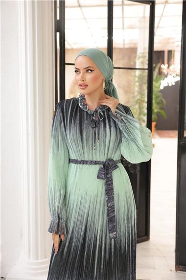 Pleated Waist Tie Long Striped Pattern Chiffon Dress in Sage Green Available in Sizes 38-44 - photo 5