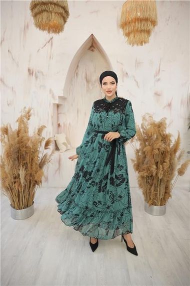 Длинное шифоновое платье с узором и завязками на шее и пояса, цвет - мятный зеленый, размер 38-46 - фото 5