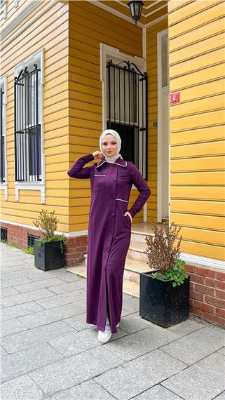 Yakalı Cepli Yandan Düğmeli Pamuklu Uzun Ferace - 71176.020 - Mürdüm - photo 4