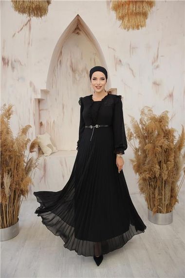 V Yaka Detaylı Kemerli Sade Uzun Şifon Elbise - 50016.003 - Siyah - fotoğraf 1