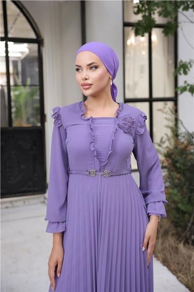 Свадебное длинное шифоновое платье с поясом и вырезом V-образной формы - 50016.019 - Лиловое - фото 3