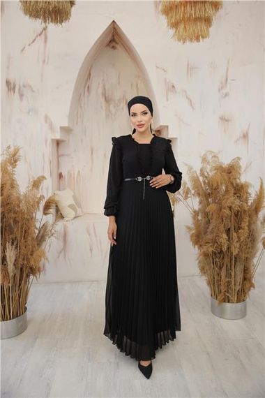 V Yaka Detaylı Kemerli Sade Uzun Şifon Elbise - 50016.003 - Siyah - fotoğraf 4