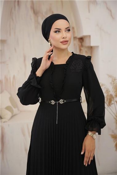 V Yaka Detaylı Kemerli Sade Uzun Şifon Elbise - 50016.003 - Siyah - fotoğraf 3