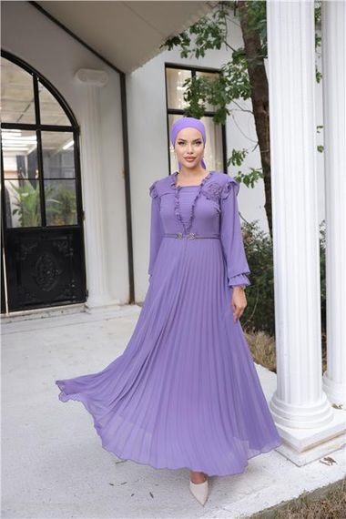 Свадебное длинное шифоновое платье с поясом и вырезом V-образной формы - 50016.019 - Лиловое - фото 1