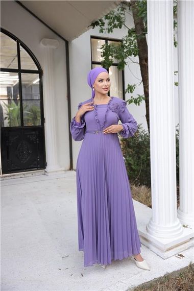 Свадебное длинное шифоновое платье с поясом и вырезом V-образной формы - 50016.019 - Лиловое - фото 4