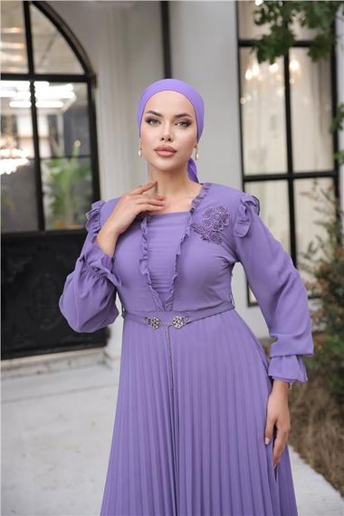 Свадебное длинное шифоновое платье с поясом и вырезом V-образной формы - 50016.019 - Лиловое - фото 2