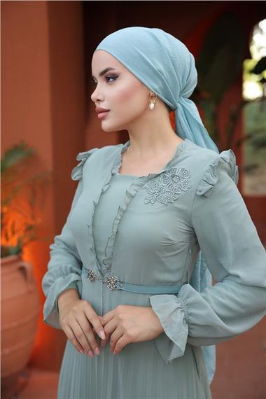 V Yaka Detaylı Kemerli Sade Uzun Şifon Elbise - 50016.100 - Çağla Yeşili - fotoğraf 2