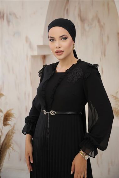 V Yaka Detaylı Kemerli Sade Uzun Şifon Elbise - 50016.003 - Siyah - fotoğraf 2