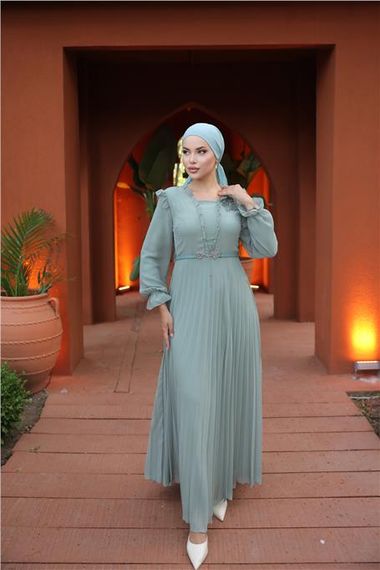 V Yaka Detaylı Kemerli Sade Uzun Şifon Elbise - 50016.100 - Çağla Yeşili - fotoğraf 4