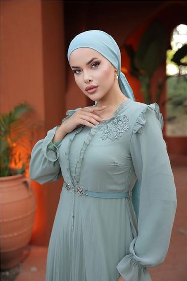 V Yaka Detaylı Kemerli Sade Uzun Şifon Elbise - 50016.100 - Çağla Yeşili - fotoğraf 3