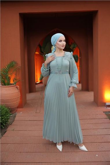 V Yaka Detaylı Kemerli Sade Uzun Şifon Elbise - 50016.100 - Çağla Yeşili - fotoğraf 5