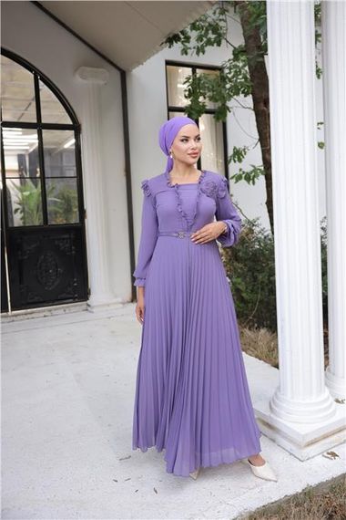 Свадебное длинное шифоновое платье с поясом и вырезом V-образной формы - 50016.019 - Лиловое - фото 5