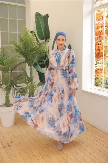 Cream Patterned Long Chiffon Dress with Belt - Blue - Available in Sizes 38 to 46 - photo 1