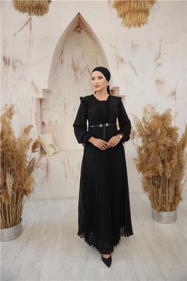 V Yaka Detaylı Kemerli Sade Uzun Şifon Elbise - 50016.003 - Siyah - fotoğraf 5