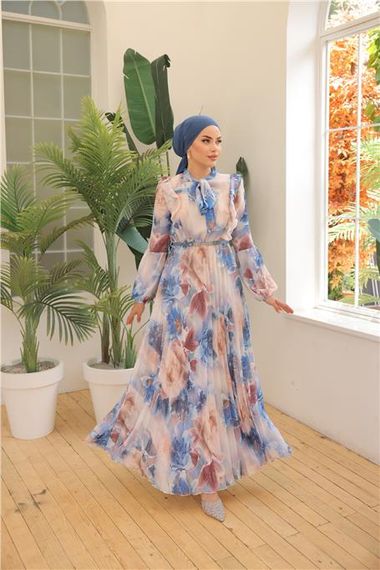 Cream Patterned Long Chiffon Dress with Belt - Blue - Available in Sizes 38 to 46 - photo 2