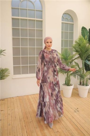 Длинное шифоновое платье с поясом и кофейным узором, цвет фиолетовый, размеры 38-46 - фото 2