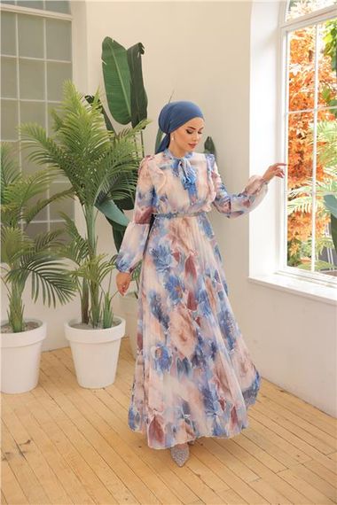 Cream Patterned Long Chiffon Dress with Belt - Blue - Available in Sizes 38 to 46 - photo 3