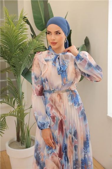 Cream Patterned Long Chiffon Dress with Belt - Blue - Available in Sizes 38 to 46 - photo 5