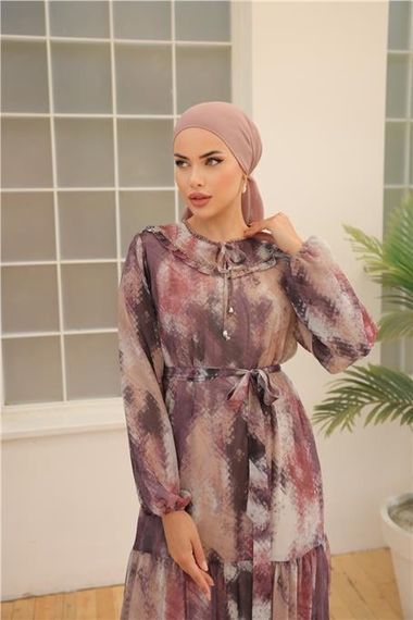 Длинное шифоновое платье с поясом и кофейным узором, цвет фиолетовый, размеры 38-46 - фото 5