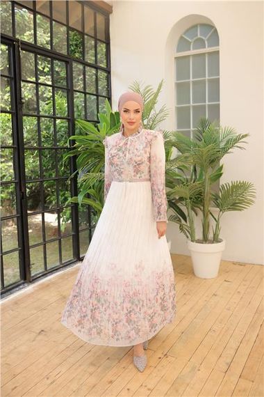 White Floral Patterned Belted Long Chiffon Dress in Dusty Rose - photo 1