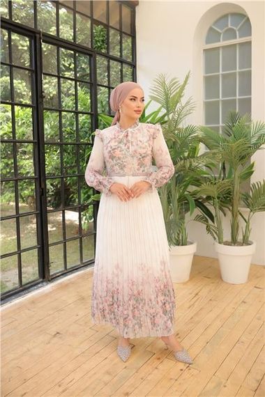 White Floral Patterned Belted Long Chiffon Dress in Dusty Rose - photo 2