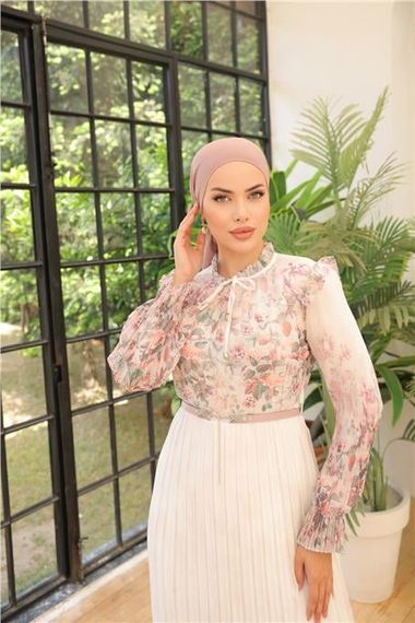 White Floral Patterned Belted Long Chiffon Dress in Dusty Rose - photo 4