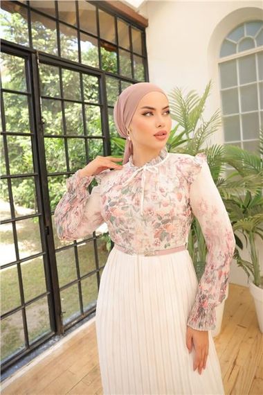 White Floral Patterned Belted Long Chiffon Dress in Dusty Rose - photo 5