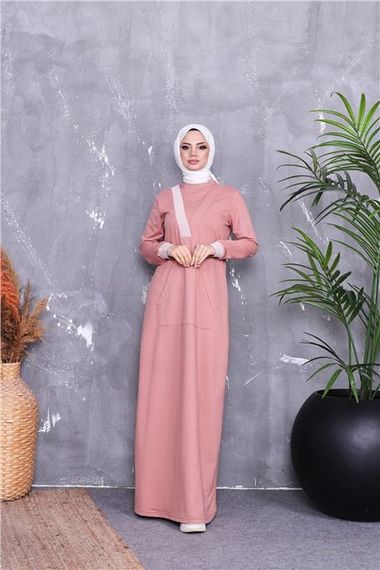 V-Neck Striped Pattern Long Pocketed Modest Dress in Powder Pink - photo 1