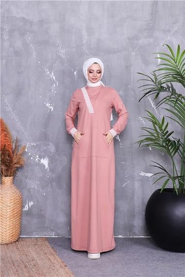 V-Neck Striped Pattern Long Pocketed Modest Dress in Powder Pink - photo 3