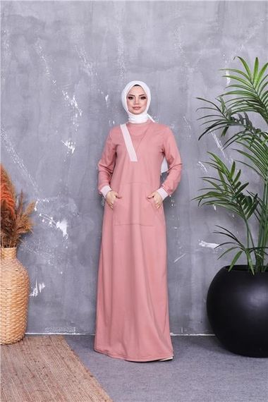 V-Neck Striped Pattern Long Pocketed Modest Dress in Powder Pink - photo 2