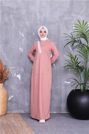 V-Neck Striped Pattern Long Pocketed Modest Dress in Powder Pink - photo 4