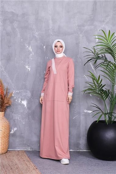 V-Neck Striped Pattern Long Pocketed Modest Dress in Powder Pink - photo 5