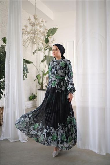 Платье длинное с узором и поясом, на завязках, зеленое, 44-46 размер - фото 3