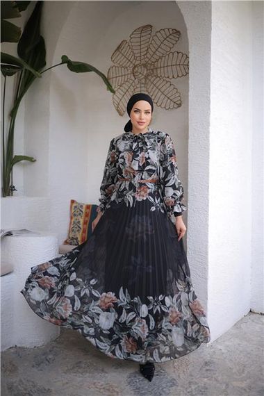 Long Printed Chiffon Dress with Neck Tie and Belt in Cinnamon - Size 38 to 46 Available - photo 1