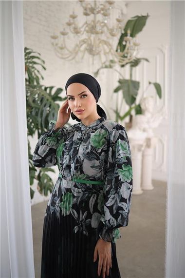 Платье длинное с узором и поясом, на завязках, зеленое, 44-46 размер - фото 2