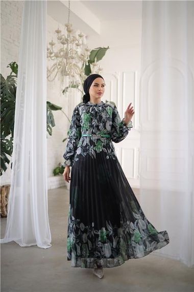 Платье длинное с узором и поясом, на завязках, зеленое, 44-46 размер - фото 4