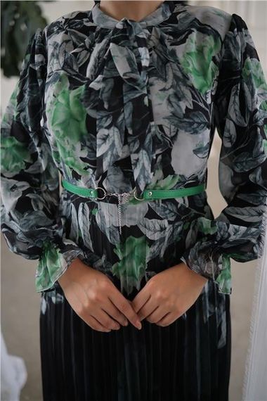 Платье длинное с узором и поясом, на завязках, зеленое, 44-46 размер - фото 5