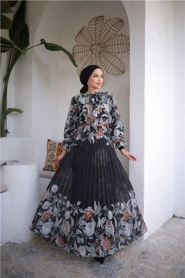 Long Printed Chiffon Dress with Neck Tie and Belt in Cinnamon - Size 38 to 46 Available - photo 2