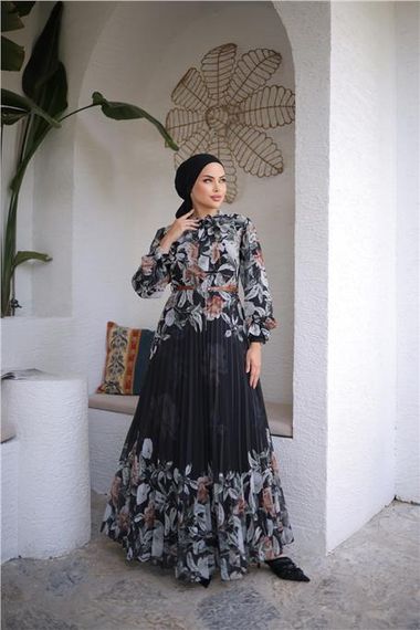 Long Printed Chiffon Dress with Neck Tie and Belt in Cinnamon - Size 38 to 46 Available - photo 5