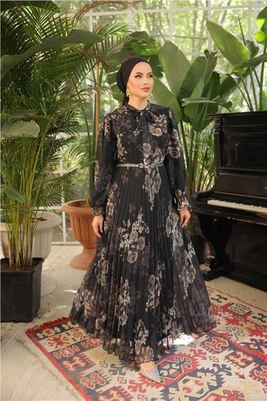 Платье длинное шифоновое с узором и поясом, чёрное, с завязками на шее, размеры 38-46 - фото 2