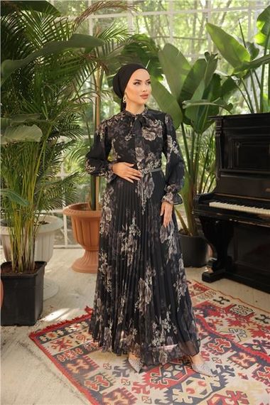 Платье длинное шифоновое с узором и поясом, чёрное, с завязками на шее, размеры 38-46 - фото 3