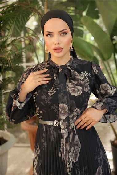 Платье длинное шифоновое с узором и поясом, чёрное, с завязками на шее, размеры 38-46 - фото 5