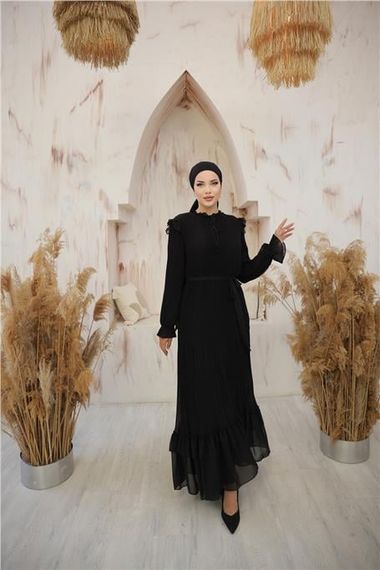 Boyun ve Belden Bağcıkllı Sade Uzun Şifon Elbise - 50015.003 - Siyah - fotoğraf 4