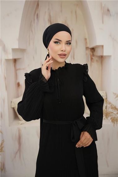 Boyun ve Belden Bağcıkllı Sade Uzun Şifon Elbise - 50015.003 - Siyah - fotoğraf 3