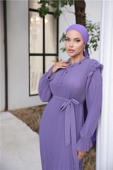 Plain Long Chiffon Dress with Neck and Waist Ties in Lilac - photo 3