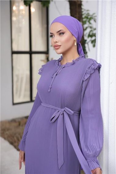 Plain Long Chiffon Dress with Neck and Waist Ties in Lilac - photo 2