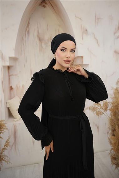 Boyun ve Belden Bağcıkllı Sade Uzun Şifon Elbise - 50015.003 - Siyah - fotoğraf 2